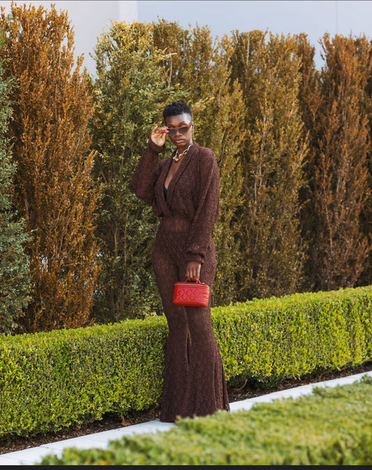 LACY FLARE JUMPSUIT -BROWN